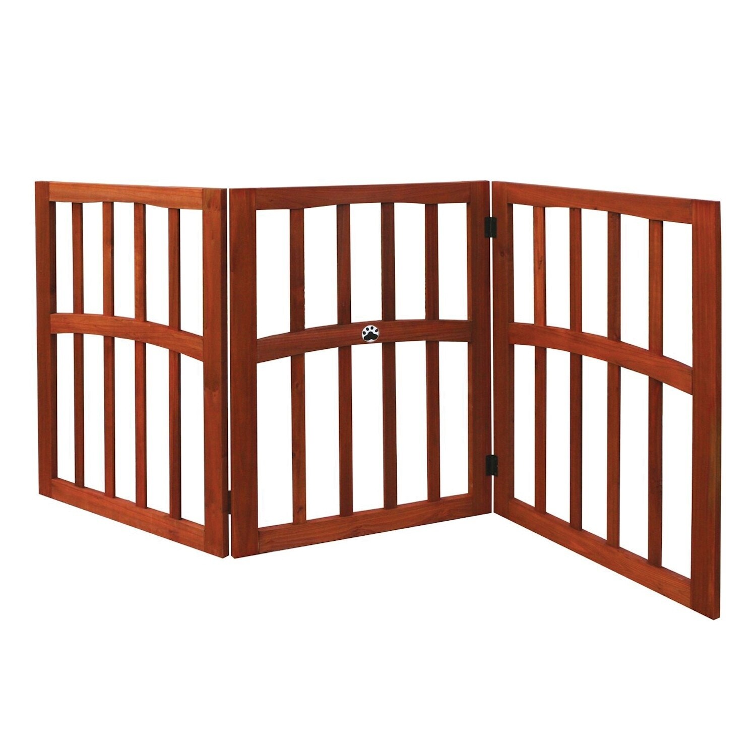 3 Panel Wood Pet Gate W Ceramic Paw Print Accent Freestanding Tri Fold Fence For Doorways Stairs Indoor Outdoor Pet Barrier