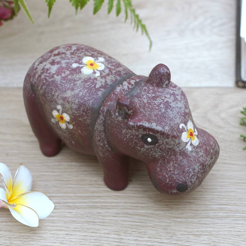 Novica Handmade Chubby Hippopotamus Wood Figurine