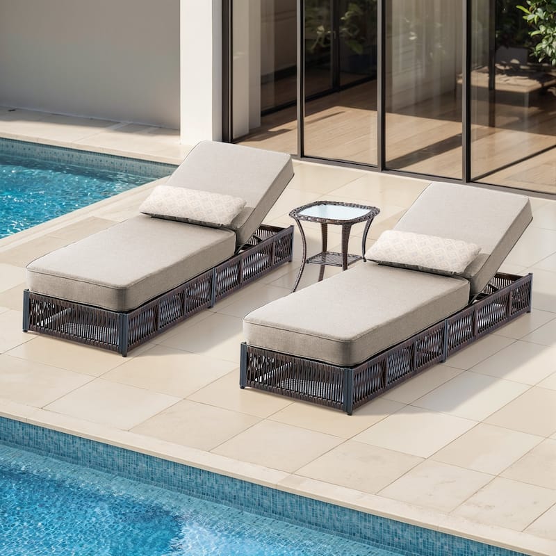 ArcoBay 3-Piece Brown Wicker Outdoor Patio Chaise Lounge with 5-Inch Thick Cushions and Side Table