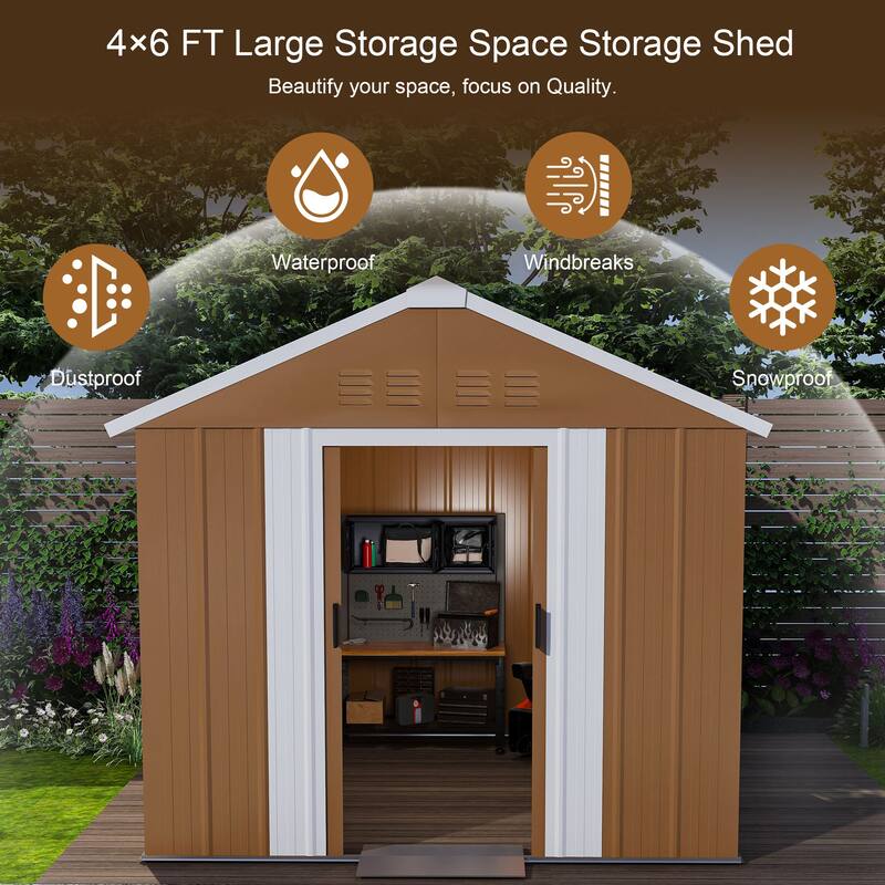 Roomfitters 6x4 FT Metal Storage Shed with Windows, Lockable Sliding Door, Vents & Weatherproof for Garden, Brown