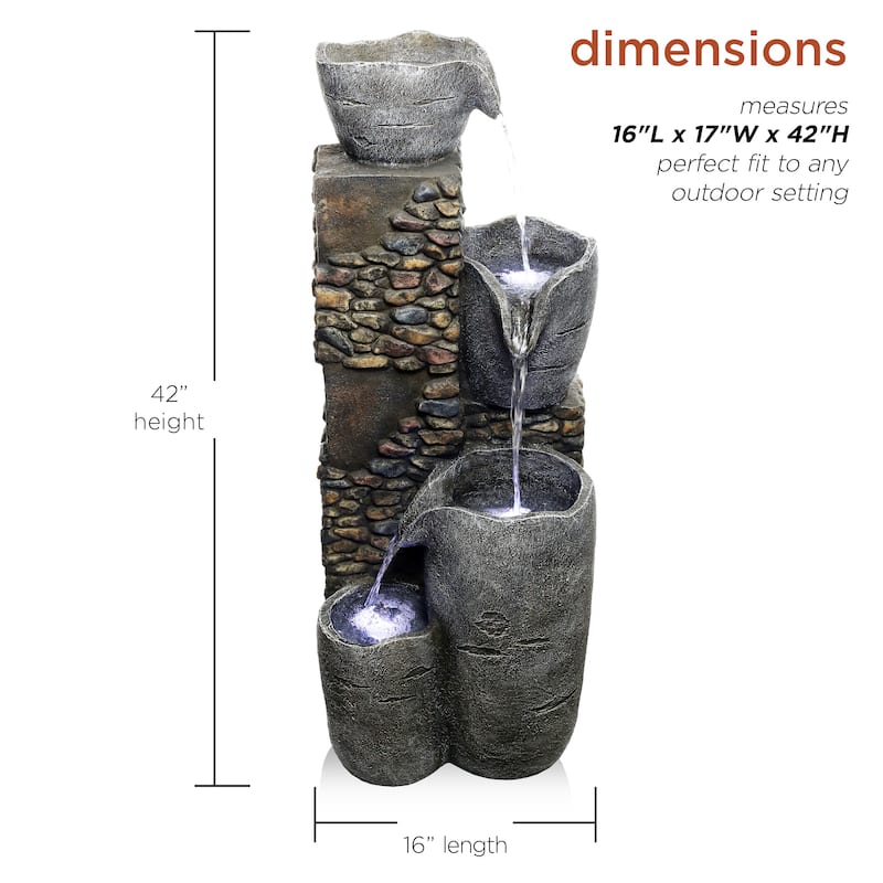Alpine Corporation HIM562 42" Gray Outdoor Floor 4‑Tier Stone Bowl Fountain with LED Lights
