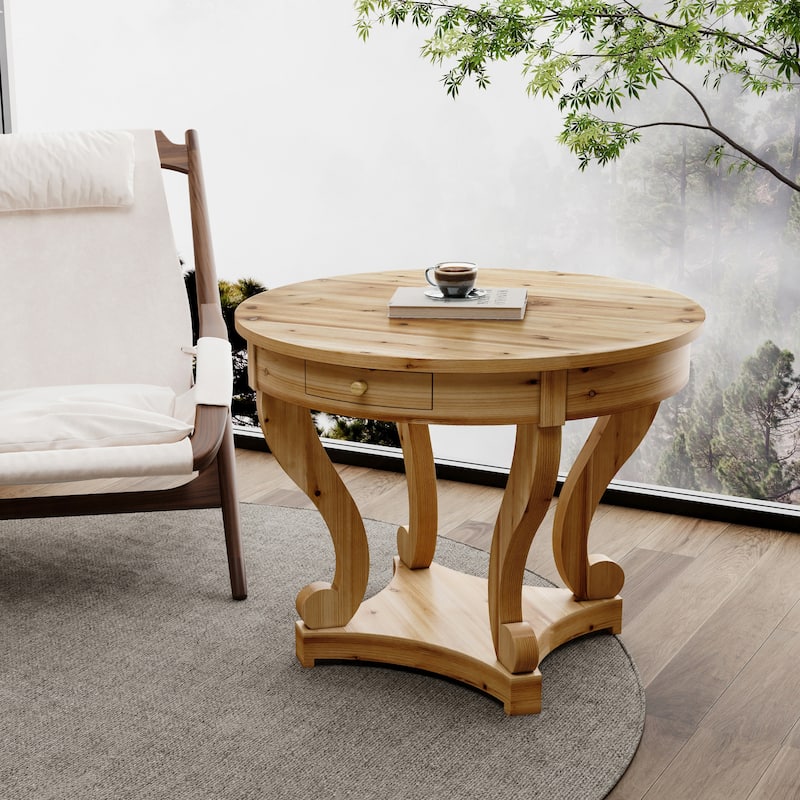 Farmhouse Curved Legs Round Table, Smal End Side, Wood Coffee Table with Small Drawer for Kitchen, Living Room