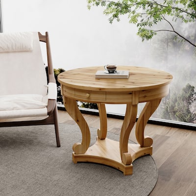 Round Dining Table with Scrollwork Curved Legs & Storage Drawers End Table Coffee Table for Dining Room