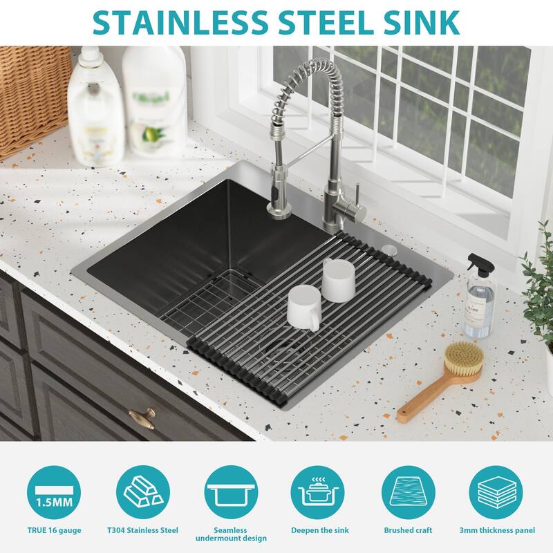 25" Drop-In 16 Gauge Single Bowl Stainless Steel Kitchen Sink in Gunmetal Black - 25'' x 22'' x 12''