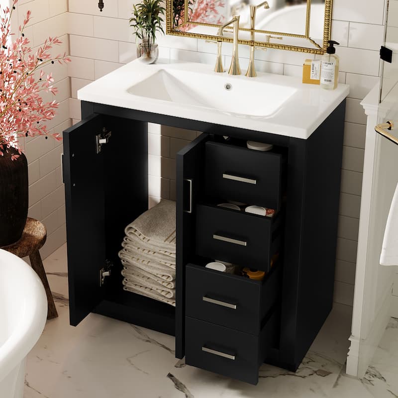 30"Bathroom Vanity with Ceramic Sink,Solid Wood Storage Cabinet,Freestanding Vanity Set with 3 Drawers& Soft Closing Doors