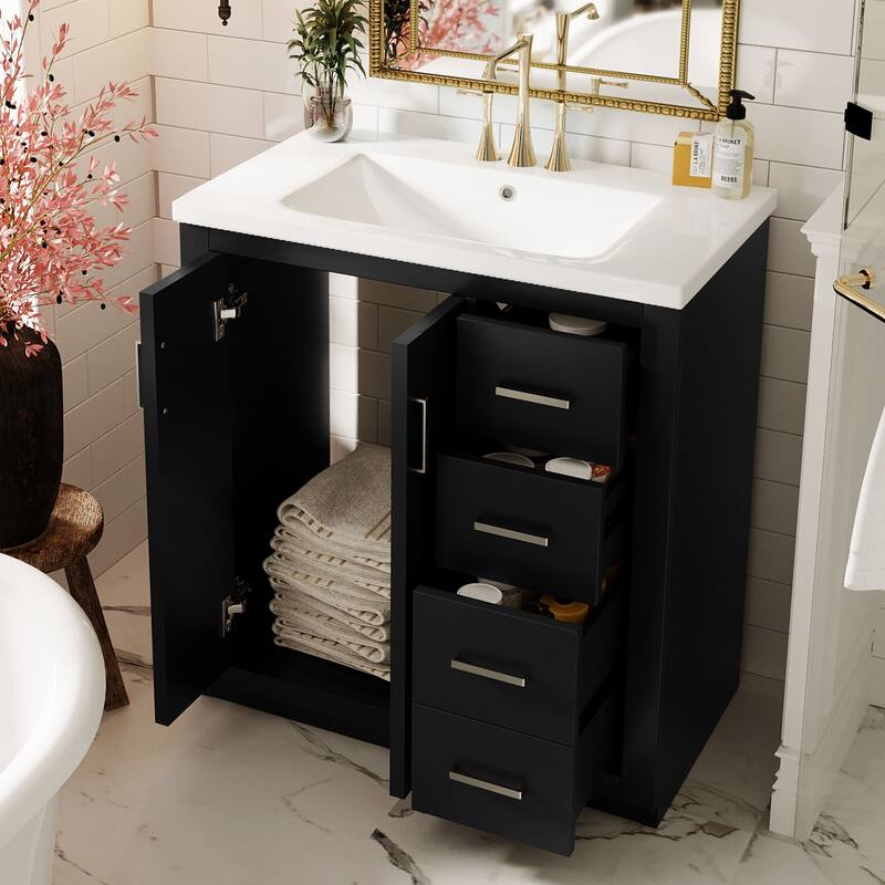 30-Inch Freestanding Bathroom Vanity Set - Features Ceramic Sink Combo, Solid Wood Frame & 3 Soft-Close Drawers