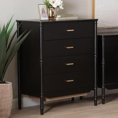 Marisela Black Wood Chest of Drawers with Gold Handles - 4-Drawer Dresser with Bamboo-Inspired Legs, Modern Transitional Accent