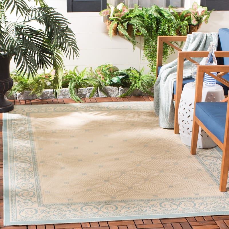 SAFAVIEH Courtyard Geesje Indoor/ Outdoor Waterproof Patio Backyard Rug - 6'7" x 9'6" - Cream/Aqua
