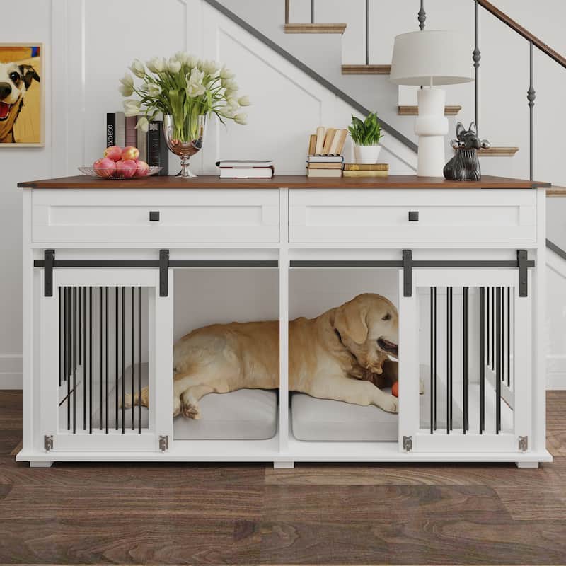 Large Dog Crate Furniture for 2 Dogs, Wooden Dog Kennel with 2 Drawers, Divider & Sliding Door, Indoor Dog Crate End Table