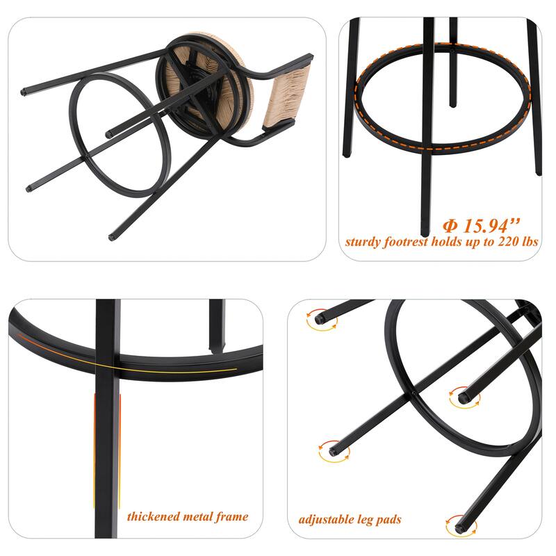 Set of 2 Handwoven Paper Rope Swivel Barstools with Footrest