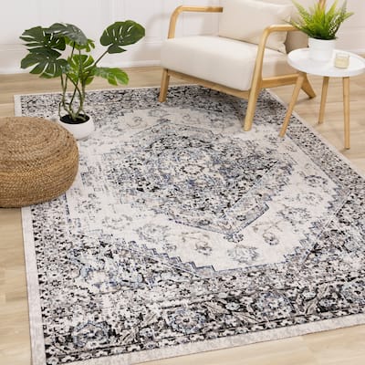 Spring Collection - Grey/Blue Damask Medallion Border Rug