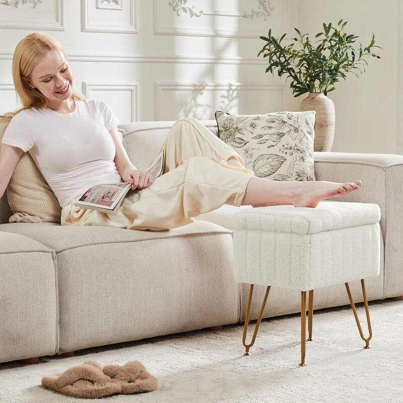 Vanity Stool Chair with Storage, Ottoman Boucle Soft Padded Makeup Footstools Seat 1PCS - 12.2"D x 16"W x 18.9"H