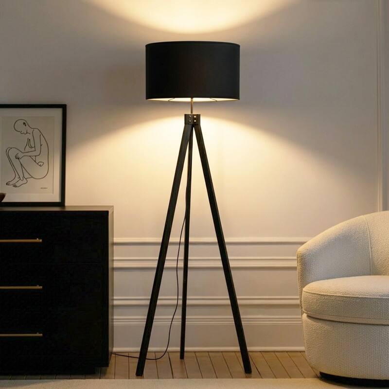 Brightech Eden 58 in. Traditional 3-Way Dimming LED Tripod Floor Lamp with Beige Fabric Drum Shade - Classic Black
