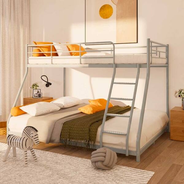 slide 2 of 8, Silver Metal Twin over Full Bunk Bed with Diamond-Shaped Rungs, Full-Length Guardrails Silver