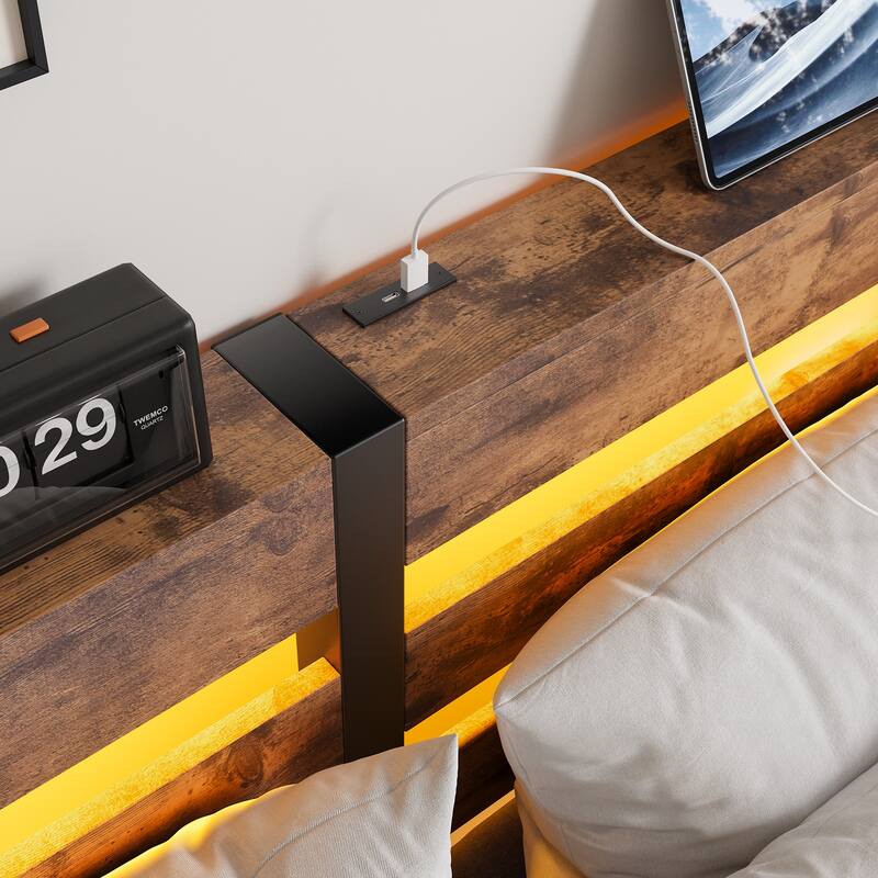 Modern Metal Bed with Wooden Headboard, RGB Lights & Storage Shelf