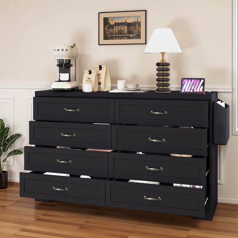 Vintage Double Dresser Chest of Drawers with Charging Station and Side Organizer Bag