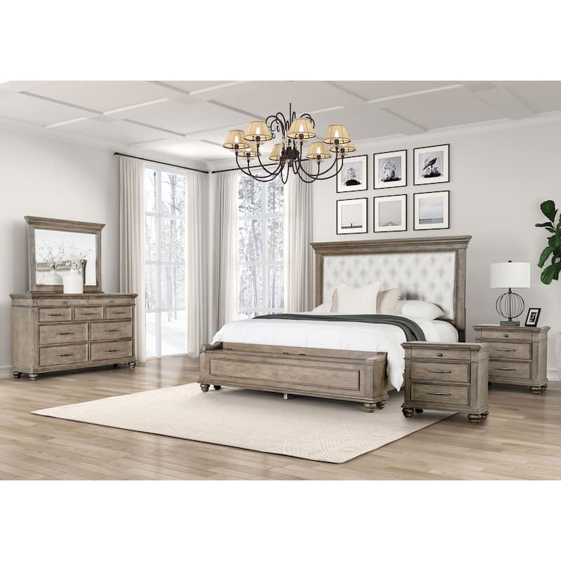 Furniture of America Rubb 5-Piece Aged Oak Wood Tufted Panel Bedroom Set with Storage Footboard Bench - Eastern King