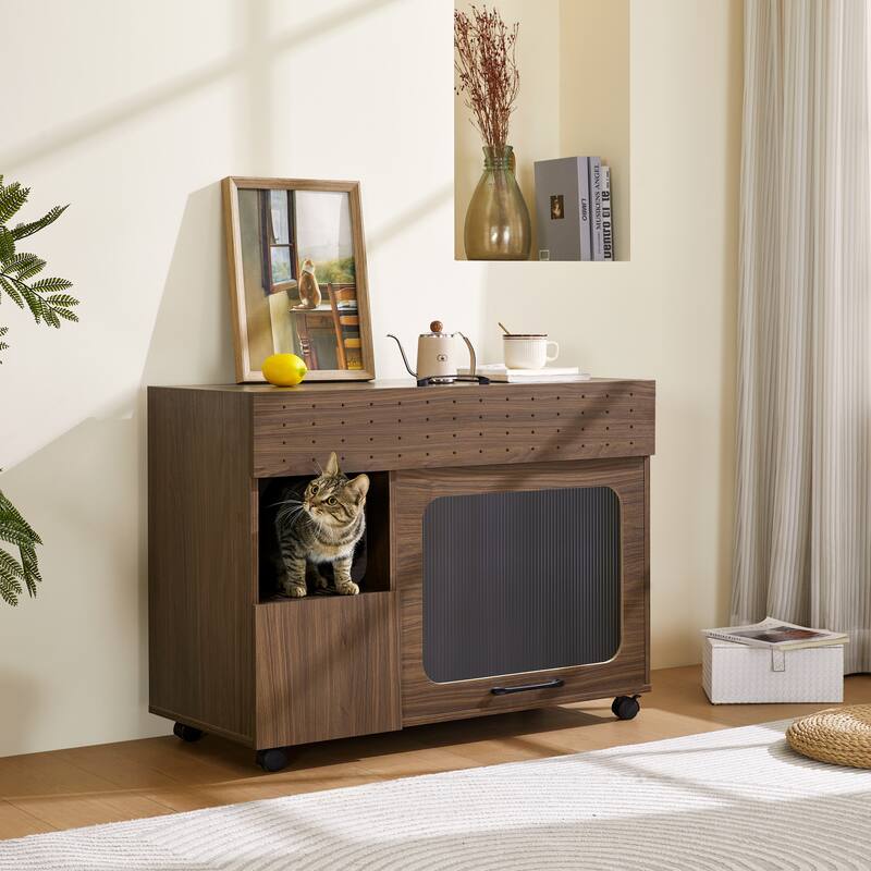 Furniture Style Multi-Use Cat Litter Box House with Storage - Walnut