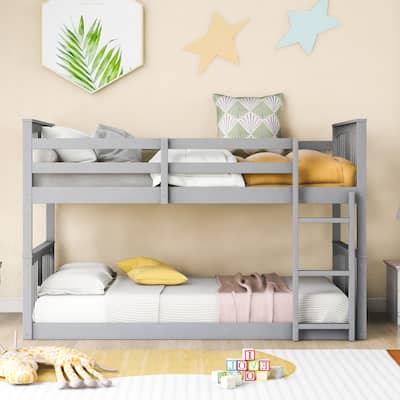 Twin Over Twin Wood Bunk Bed with Ladder, Solid Wood Bedroom Bedframe, Low Bunkbeds for Kids Teens Girls Boys, Noise-Free