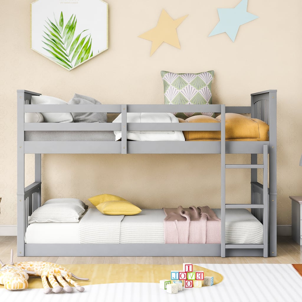 Twin Over Twin Wood Bunk Bed with Ladder, Solid Wood Bedroom Bedframe, Low Bunkbeds for Kids Teens Girls Boys, Noise-Free