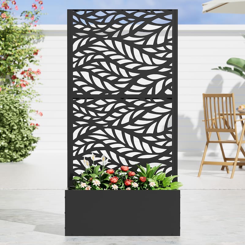 Metal Movable Planter Box with Trellis Privacy Screen Planter Box with Lockable Wheels - Black3