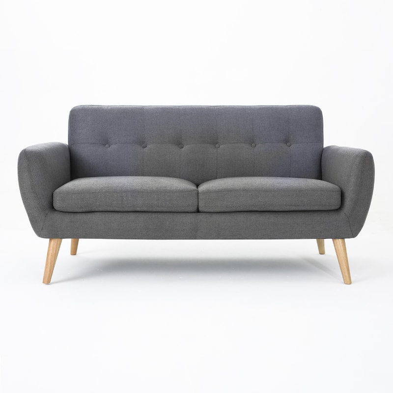 Aly Loveseat, Button Tufted Back, Dark Gray Fabric, Brown 67 Inch