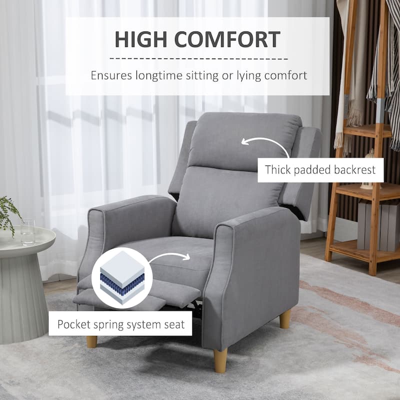 HOMCOM Fabric Recliner Chair, Modern Push Back Reclining Chair, Overstuffed Seating with Footrest, Solid Wood Legs, Gray