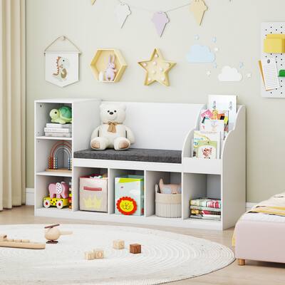 White-Grey 3-Level Kids Toy Organizer Bookshelf with Removable Cushion for Playrooms - 53.5" x 16" x 32"