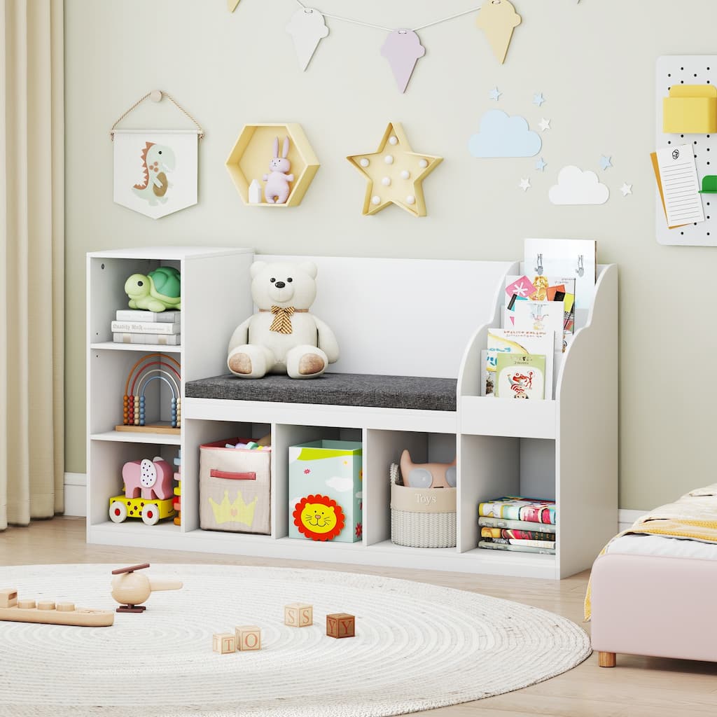 White-Grey 3-Level Kids Toy Organizer Bookshelf with Removable Cushion for Playrooms - 53.5" x 16" x 32"