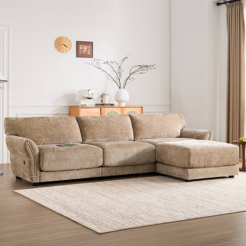 110-In Chenille Modular Sectional Sofa with USB and Type-C Charger, Petal Armrest Design, High Density Foam - khaki