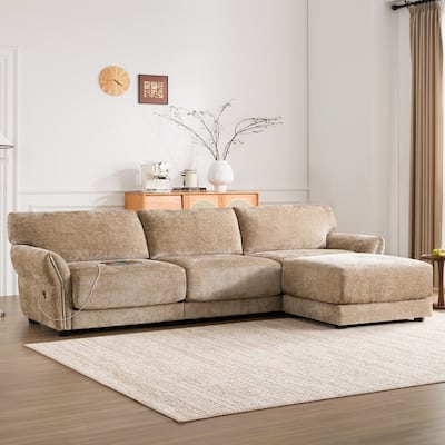 Roomfitters Modular L-Shaped Sofa with Wide Chenille Seat, USB Type-C Charger and Ottoman, Petal Arms, High Foam
