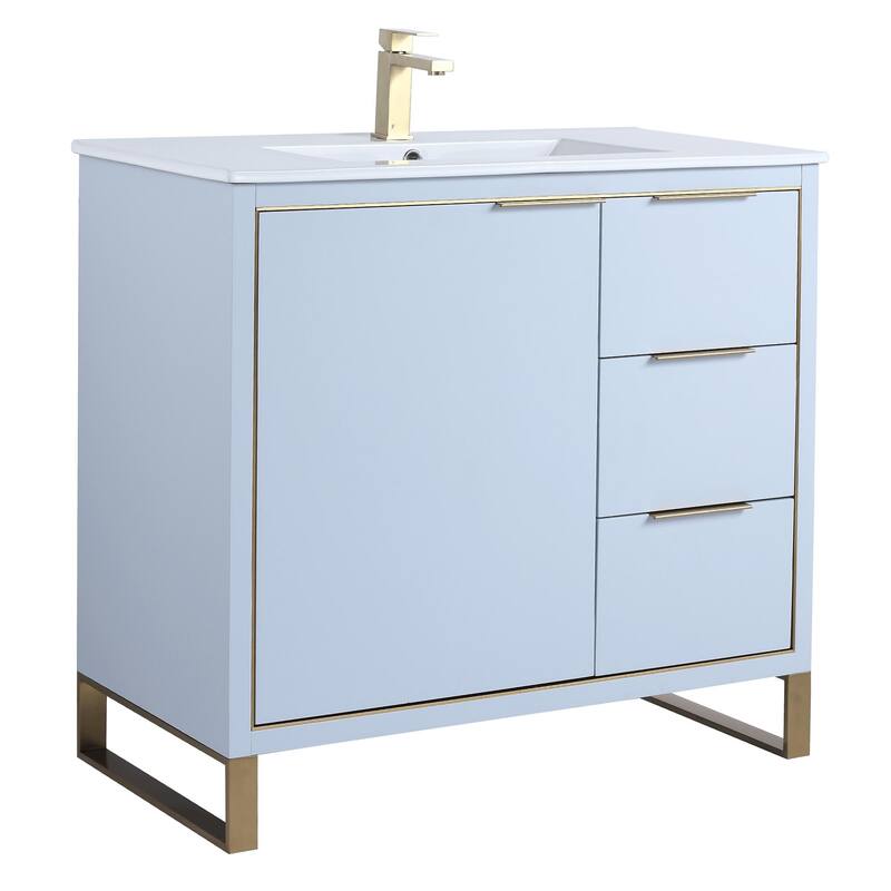 Fine Fixtures Opulence Collection Bathroom Vanity with White Ceramic Sink - 36 Inch - Patel Blue - Satin Brass Hardware