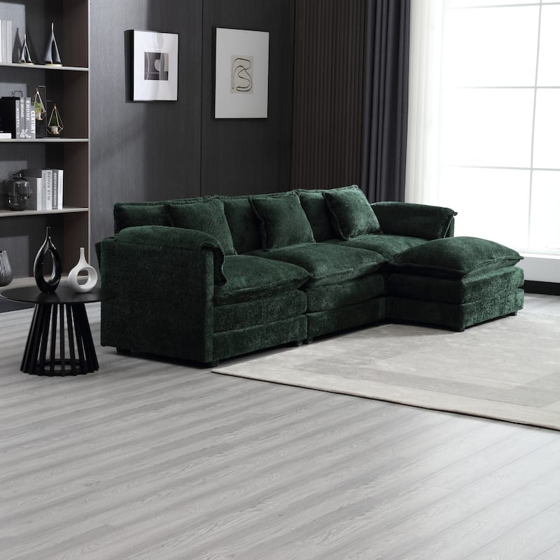 Cloud Chaise Lounge Couch L-shaped Sectional Sofa with Ottoman and Double Layered Seat Cushions for Living Room - Emerald