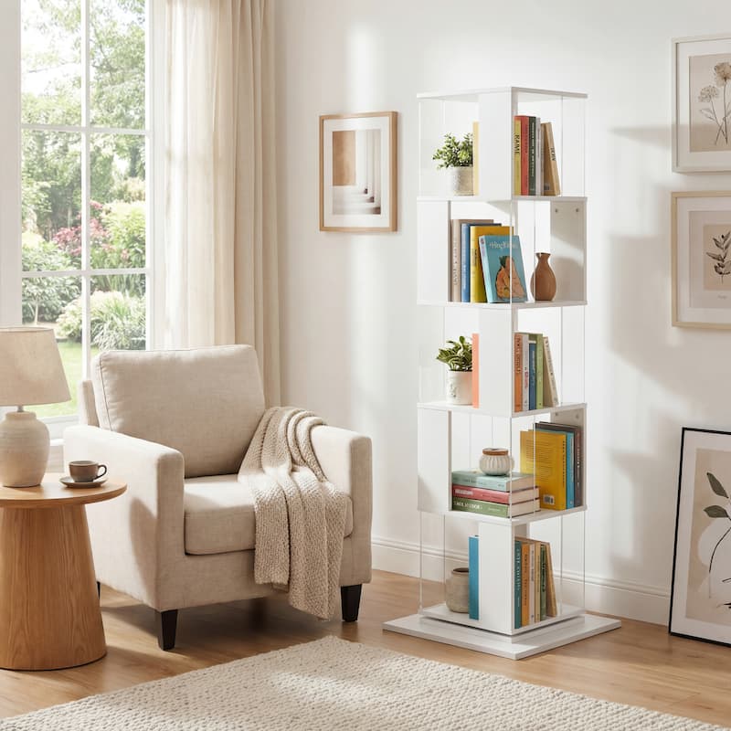 Anmytek Modern 360° Rotating Bookshelf 5-Tier Tall Display Shelf with Acrylic Plate for Home Office Living Room Bedroom