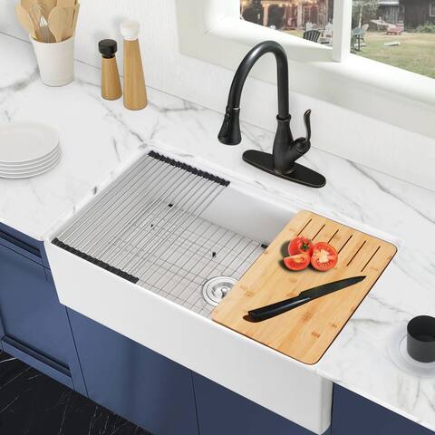 PROOX 30" W X 20" D Apron-front Farmhouse Fireclay Kitchen Sink with Accessories - 30" W X 20" D