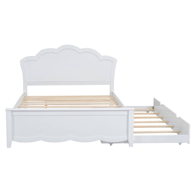 Single Bed Wood Platform Bed with Wave Shape Headboard and Footboard, Twin Size Trundle Bed Underneath No Box Spring Needed