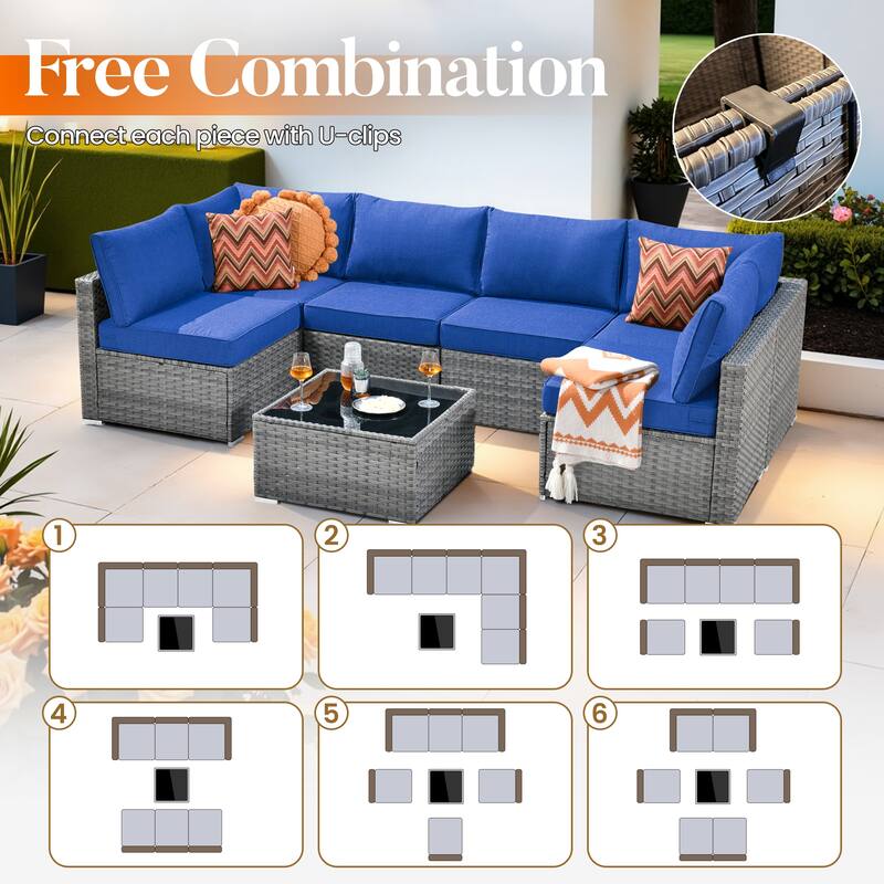 HOOOWOOO 8-piece Grey Wicker Patio Furniture Set Sectional Sofa with Fire Pit Table