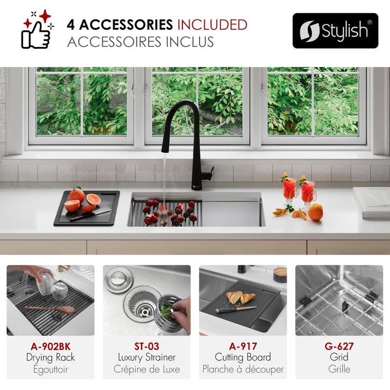 STYLISH 27 inches Workstation Single Bowl Undermount 16 Gauge Stainless Steel Kitchen Sink with Built in Accessories Handmade