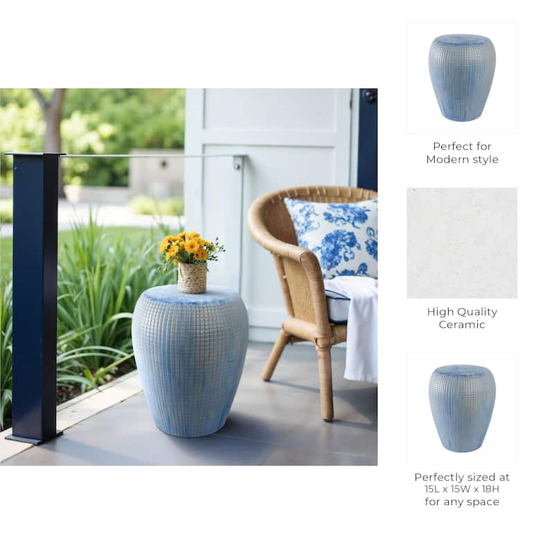 Ceramic Garden Stool Indoor or Outdoor Textured Design - 18" Blue