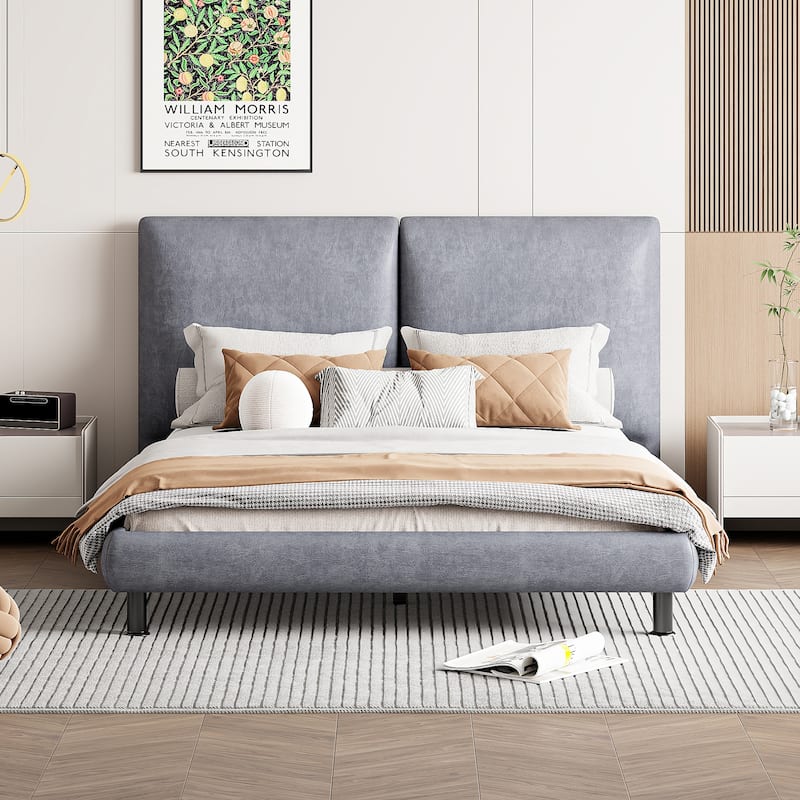 Gray Queen Size Bed with Large Headrests and Thick Fabric