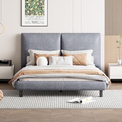 Queen Size Upholstered Platform Bed with Two Large Headrests and Thick Fabric, Polyester, Gray