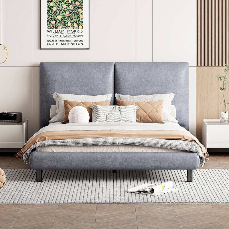 Queen Size Upholstered Platform Bed with Two Large Headrests and Thick Fabric, Polyester
