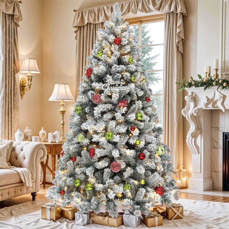 6 /7.5 /9 ft Prelit Snow Flocked Christmas Tree with Remote, 11 Light Modes & Foldable Base - 6 Foot