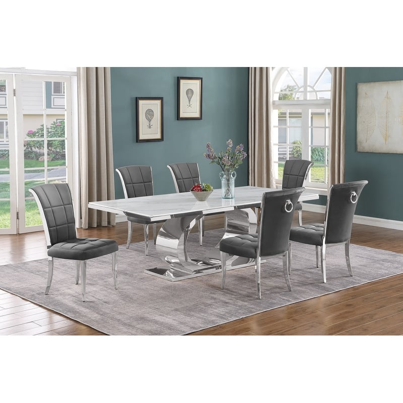 Best Quality Furniture D432/3-SC320-7 Dining Set with 87" White Marble Top - Dark Grey / Silver - 7-Piece