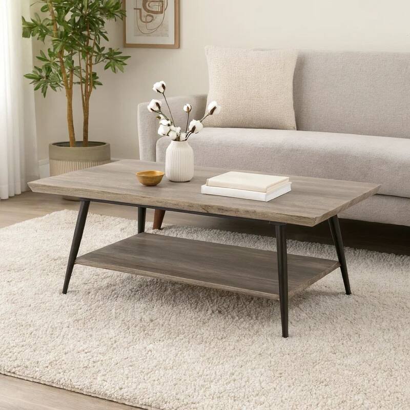 Coffee Table, 43 Inch Top, Black Metal Legs, Taupe Gray Wood Finish