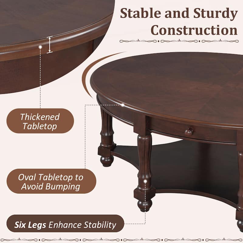 Vintage Oval Coffee Table with Drawer and Storage Shelf