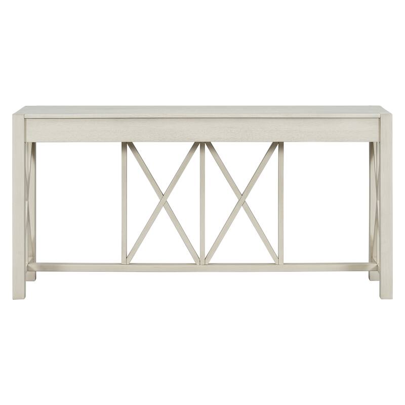 Acacia Veneer Console Table Entryway Table with 4 Drawers and X-Leg, Farmhouse Sofa Table with Open Bottom Storage