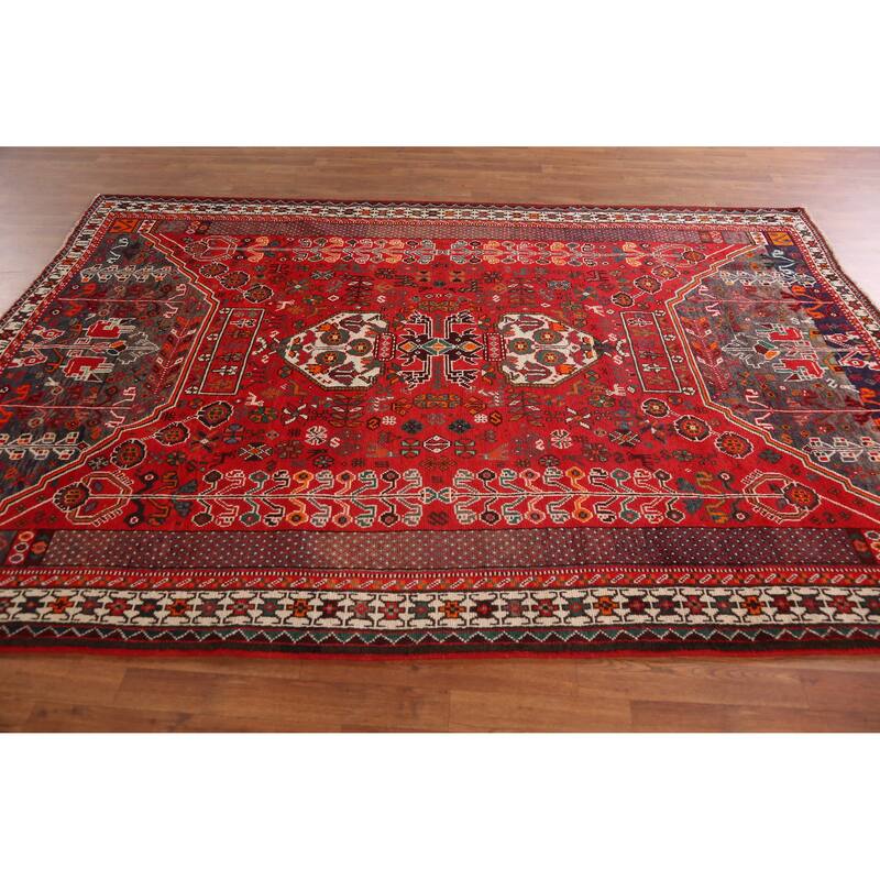 Hand Knotted Oriental 100% Wool Carpet Traditional Tribal Red Qashqai Area Rug - 9' 5'' X 6' 5''