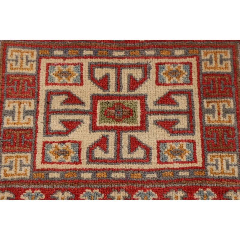 Light Green Geometric Kazak Accent Rug Handmade Wool Carpet - 3'4" x 4'7"