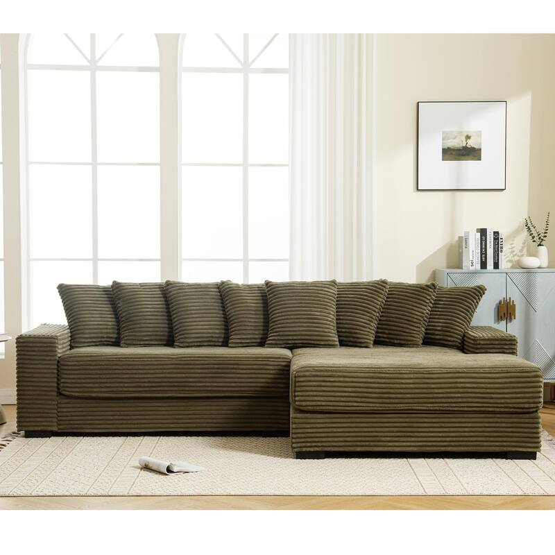L Shaped Sectional Sleeper Sofa Corduroy Corner Sofa with Chaise Lounge and 8 Throw Pillows, Oversized Modular Daybed